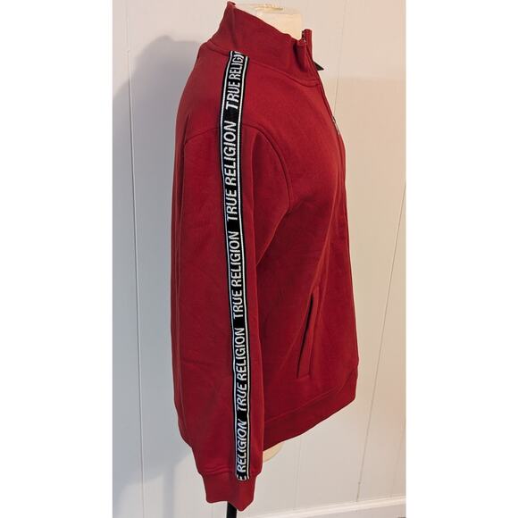 True Religion 3 Side Print Logo Trim Track Jacket Red Full Zip Horseshoe  Small - Picture 6 of 14